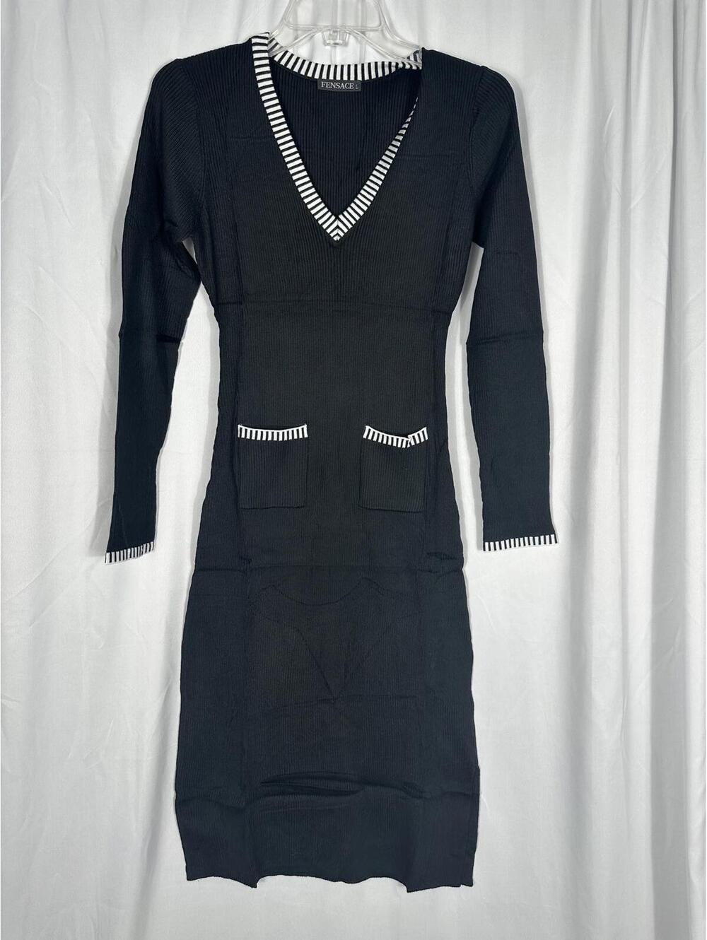 Fensace Black Ribbed Knit Long Sleeve Dress with Striped Trim and Pockets